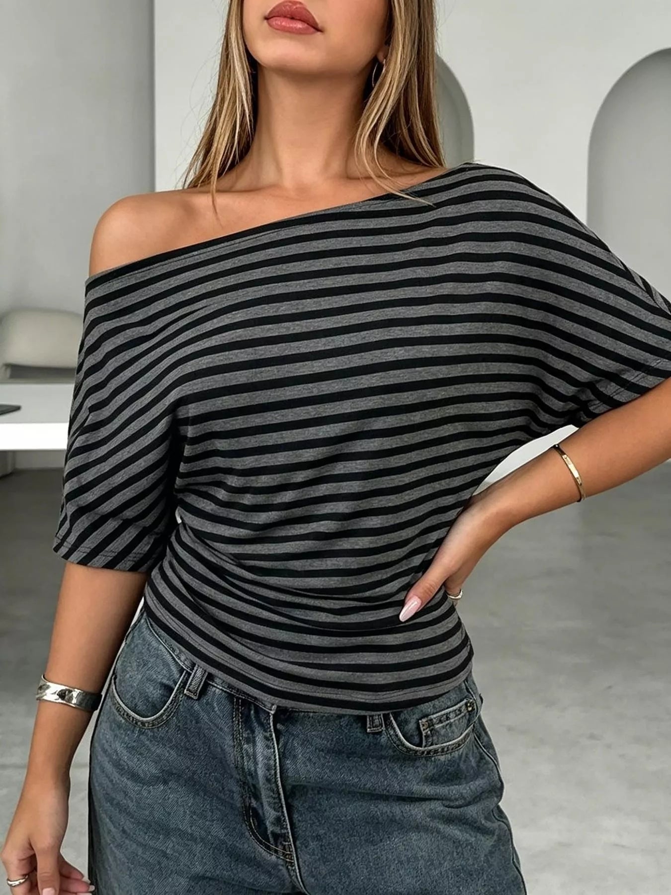 One Shoulder Striped Dolman Sleeve T-Shirt