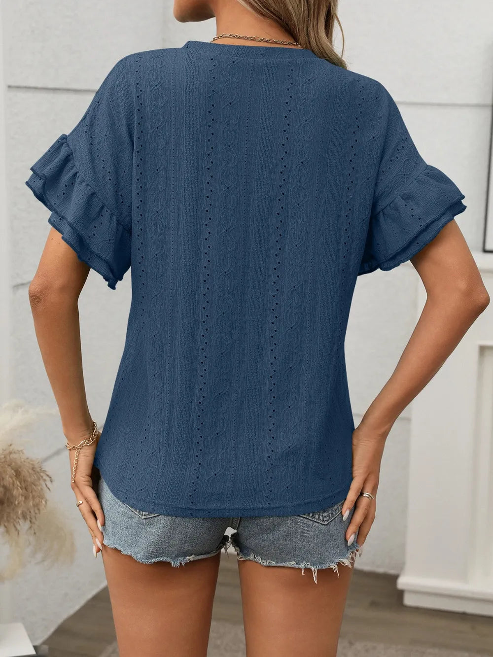 Eyelet Round Neck Flounce Sleeve Top