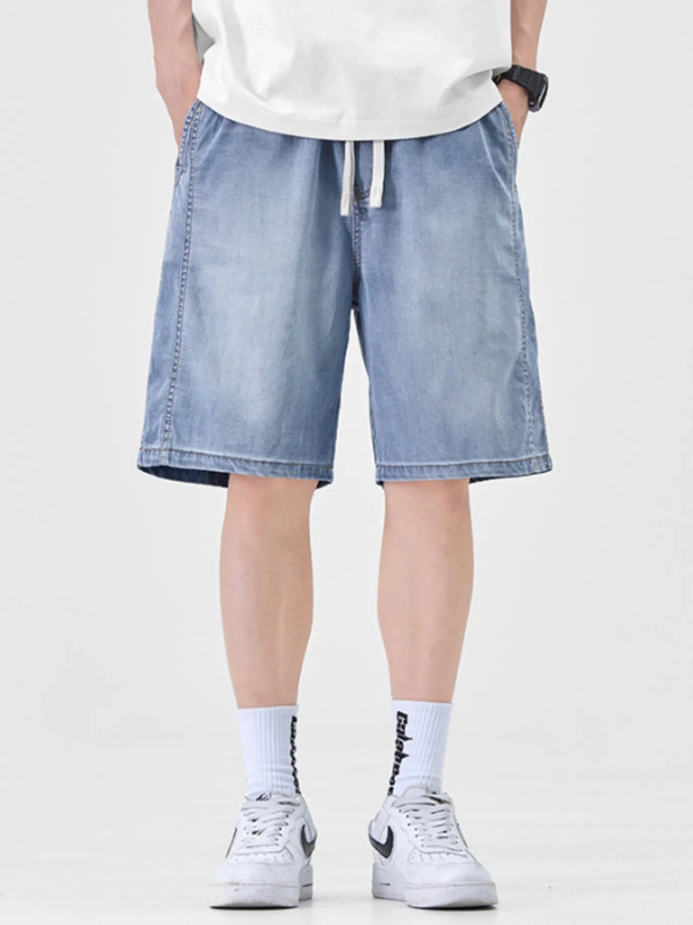 Men's Plus Size Casual Loose Fit Denim Shorts with Drawstring