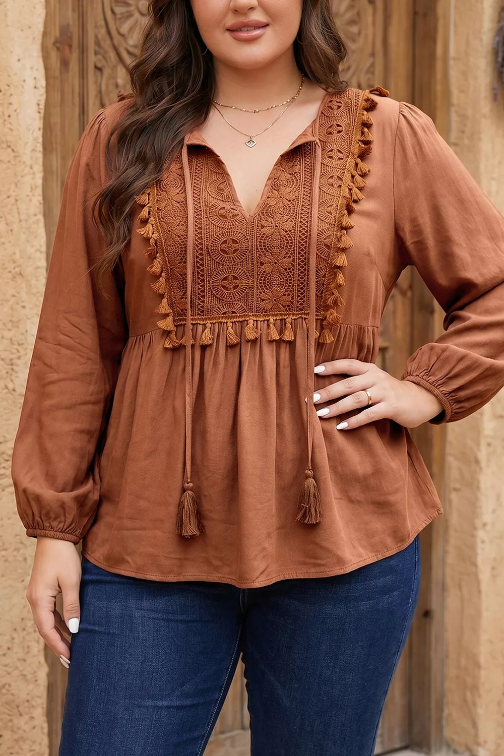 Plus Size V Neck Embroidered Tassel Long Sleeve Blouse