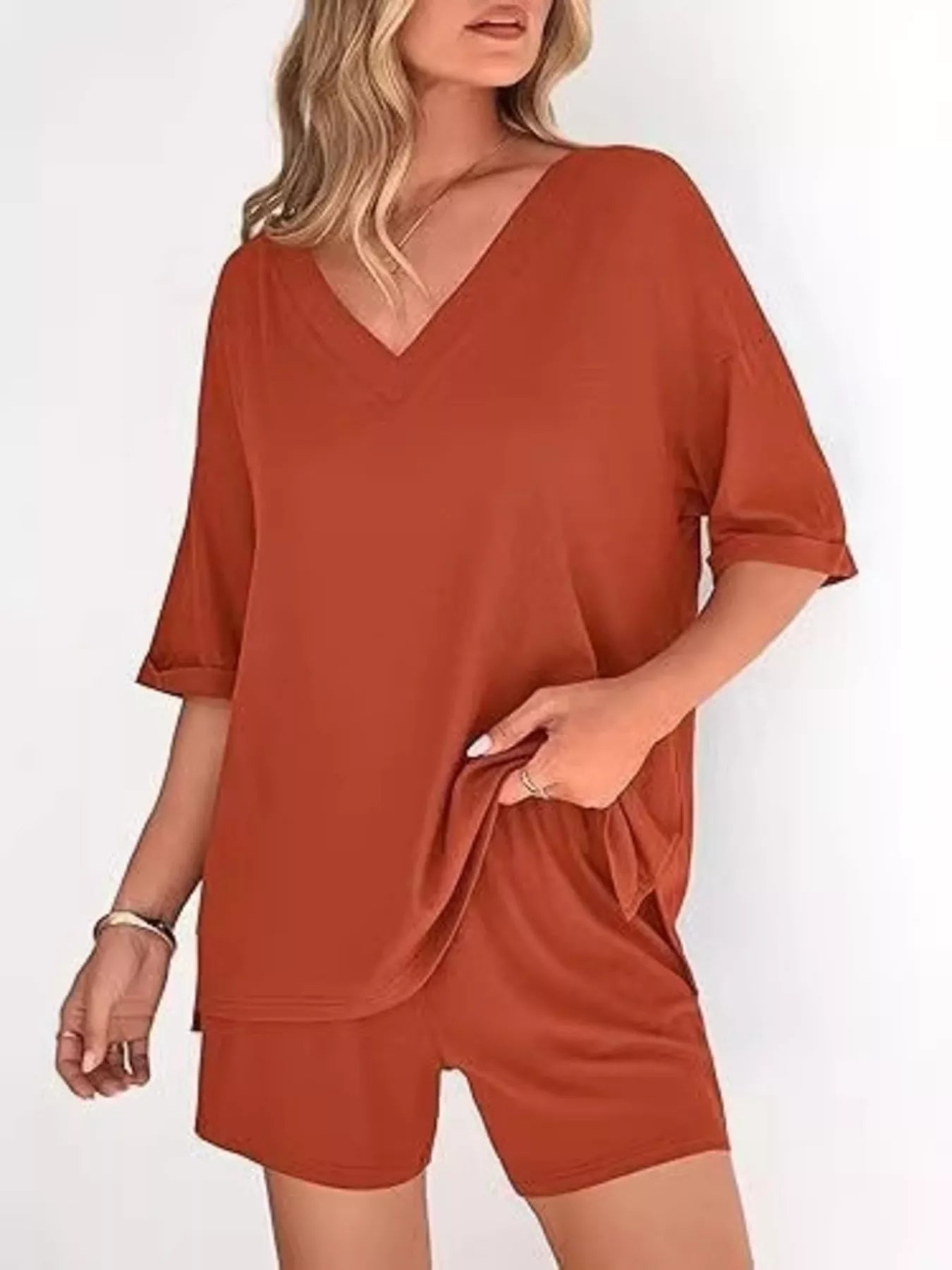 Solid Color V-Neck and Shorts Set