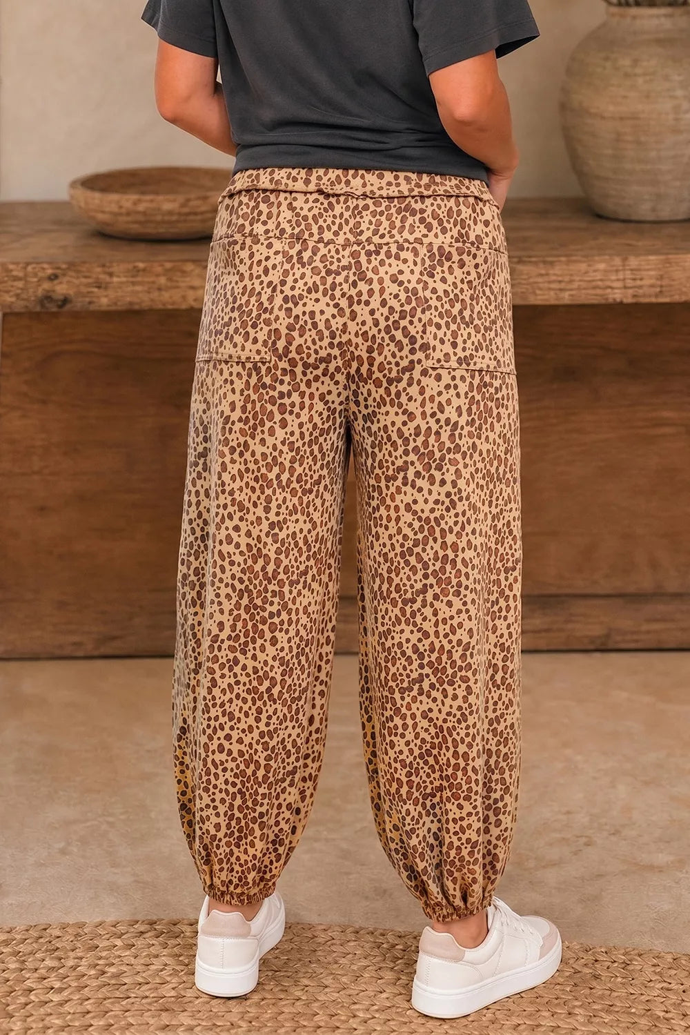 Leopard Print Drawstring Waist Patch Pockets Pants