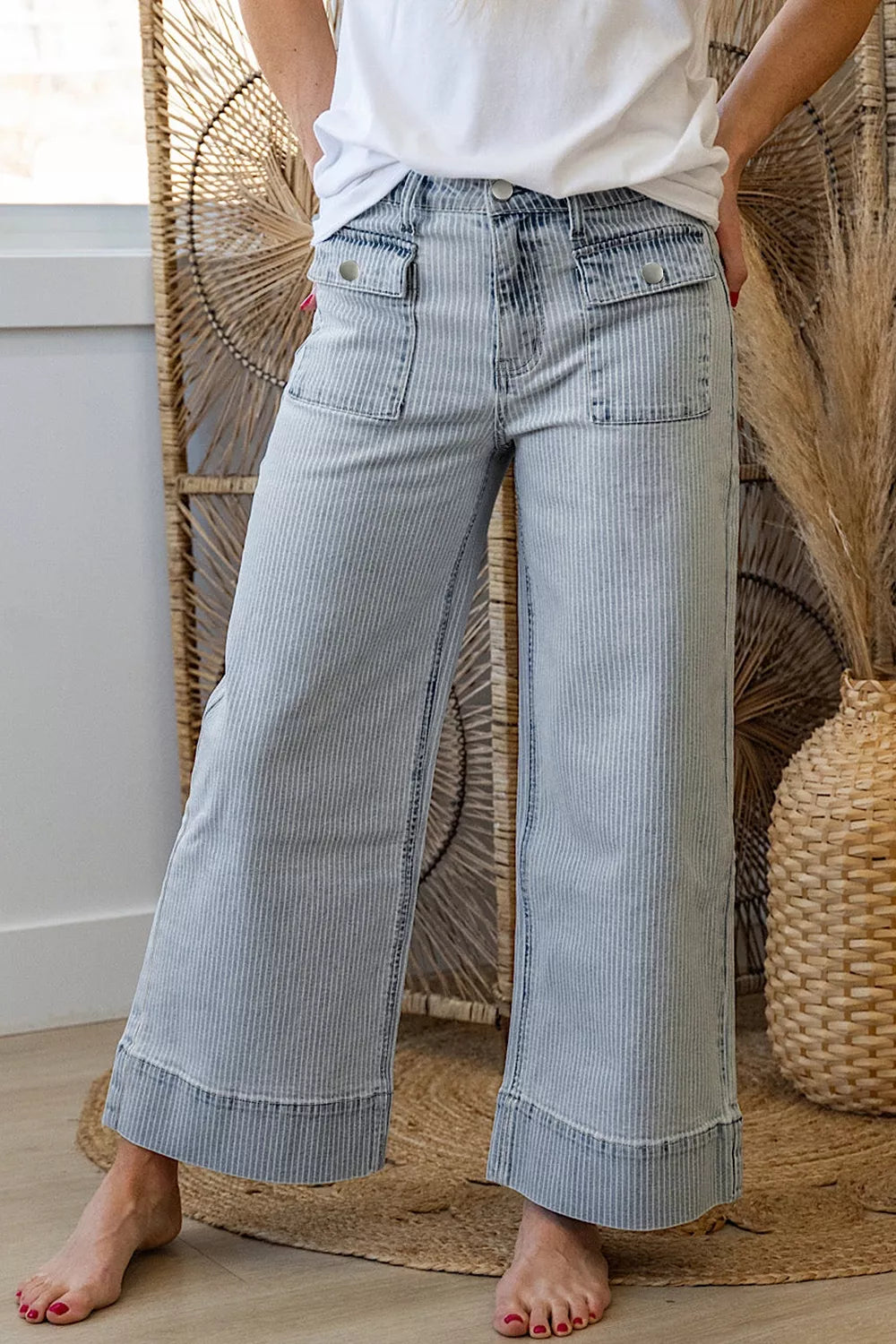 Striped Wide-Leg Cropped Jeans