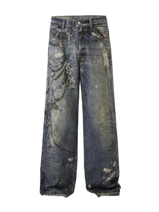 Men's Distressed Printed Wide Leg Jeans
