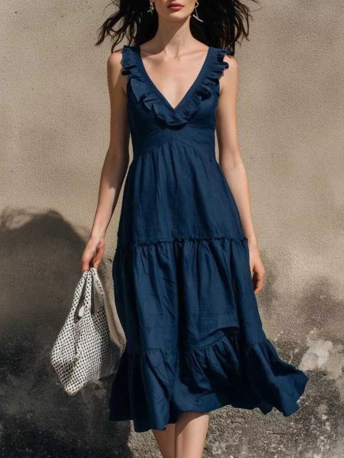Full Size Ruffled V-Neck Tiered Midi Dress Plus Size