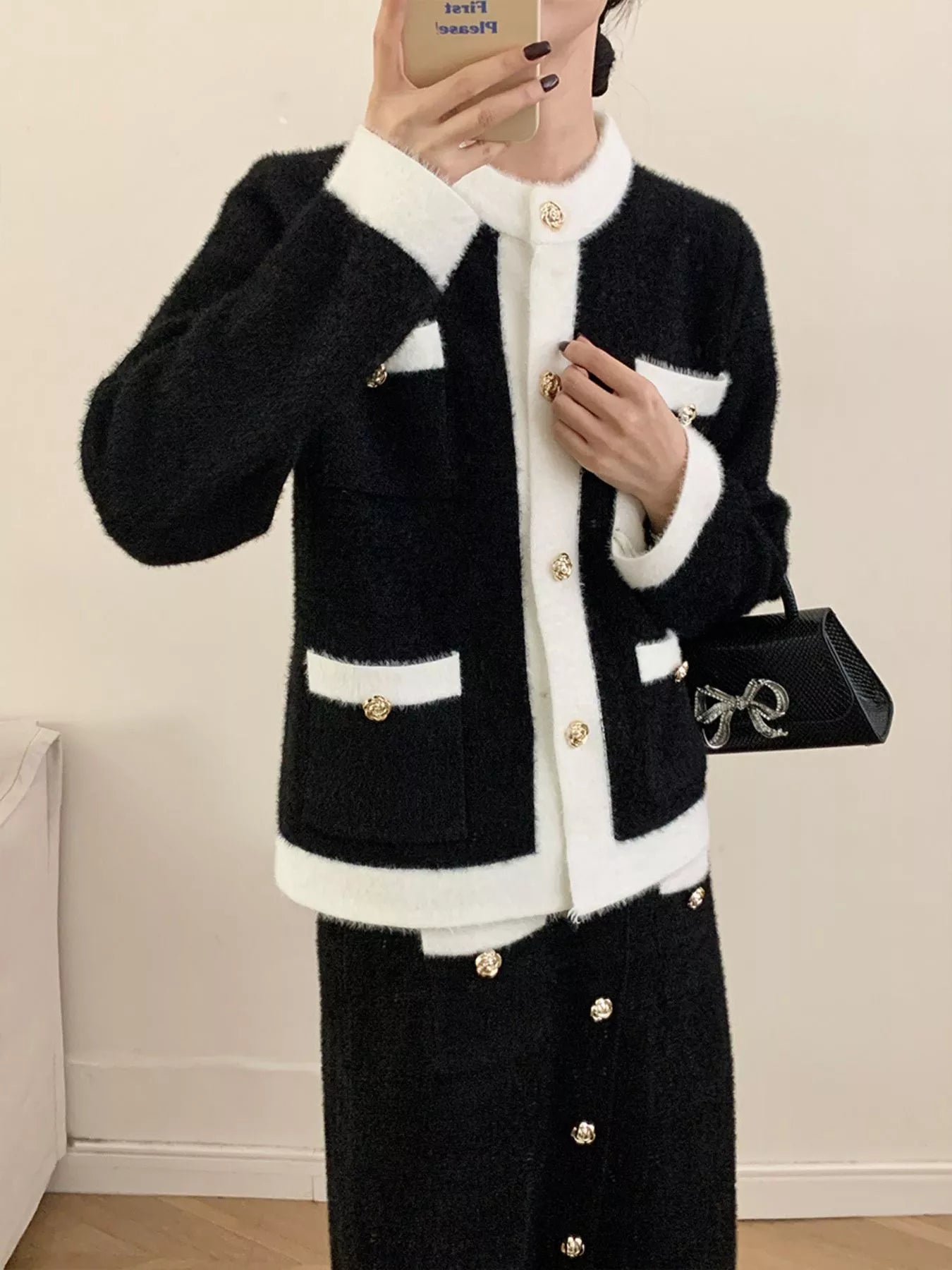 Contrast Trim Jacket and Skirts Sweater Set