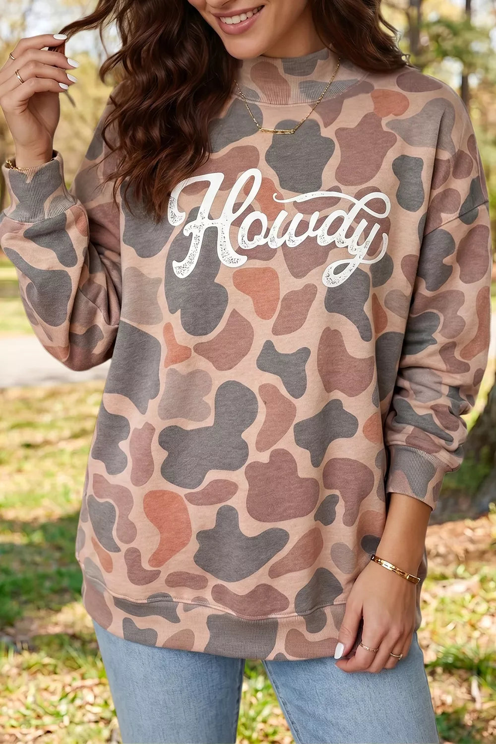 Plus Size Multicolour Camouflage Western Graphic Sweatshirt