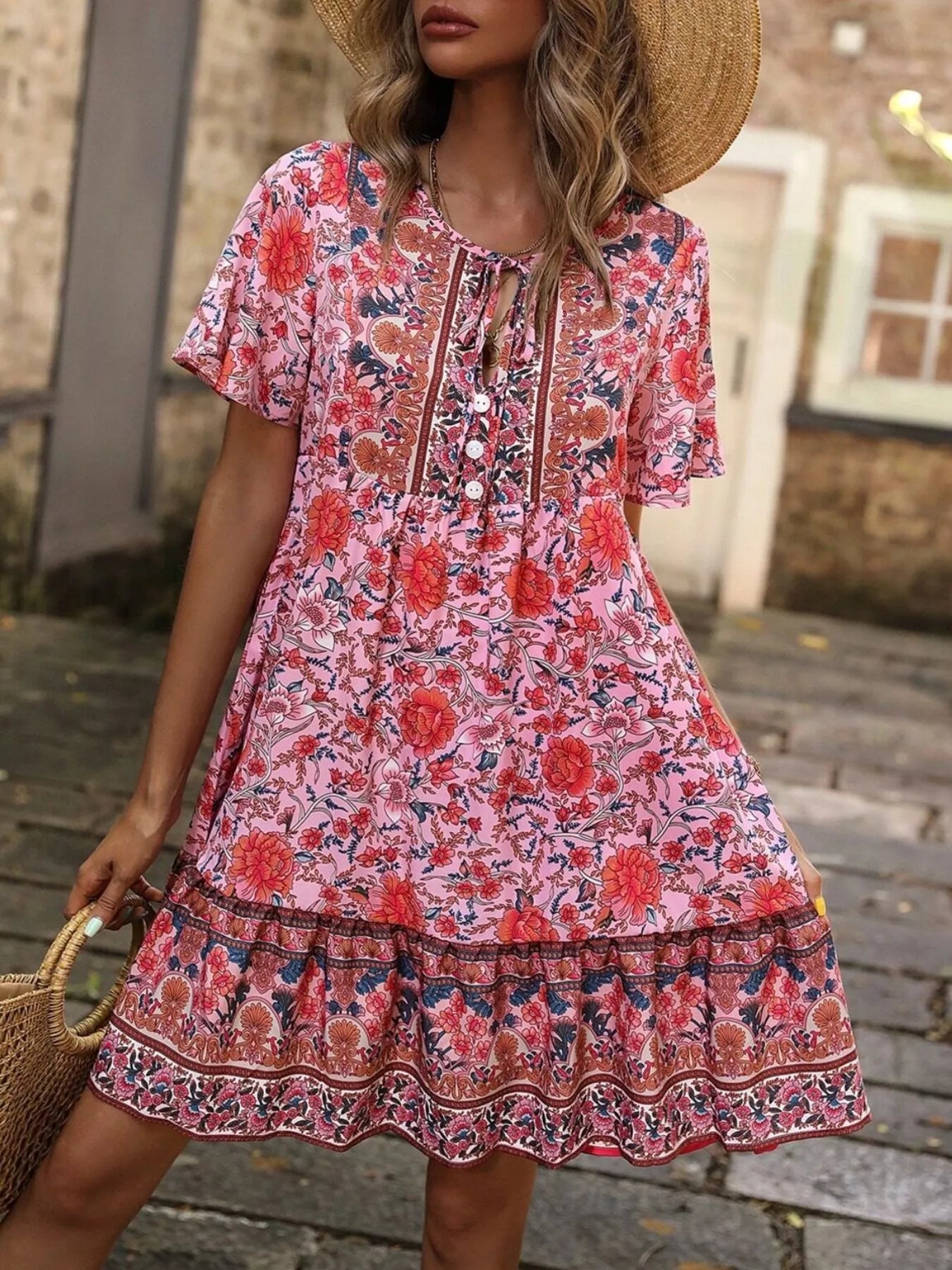 Floral Print Tie-Neck Ruffle Hem Mini Dress