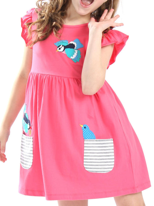 Children's Bird Applique Pocket Ruffle Sleeve Dress