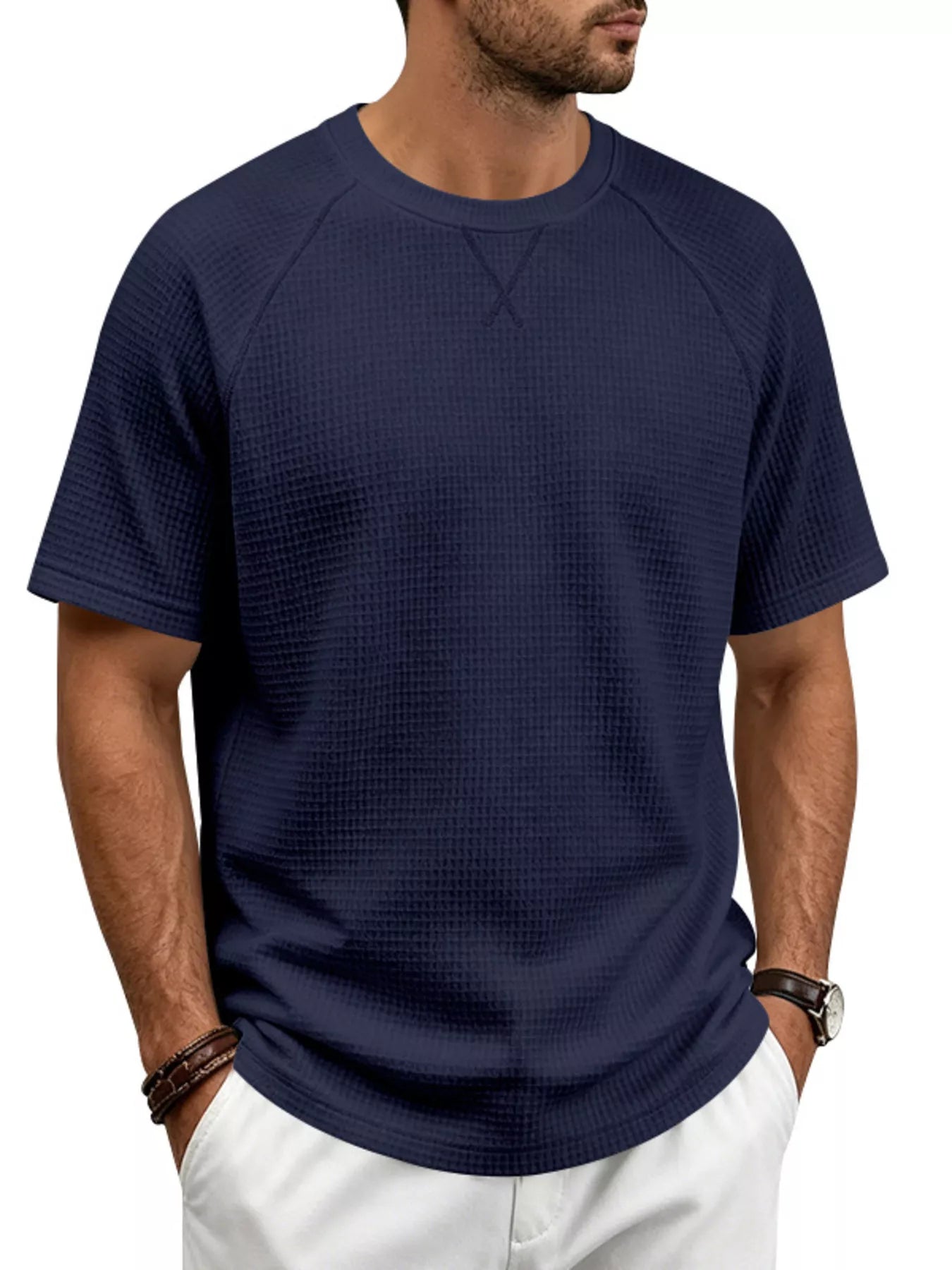Men's Full Size Waffle Knit Raglan Short Sleeve T-Shirt Plus Size