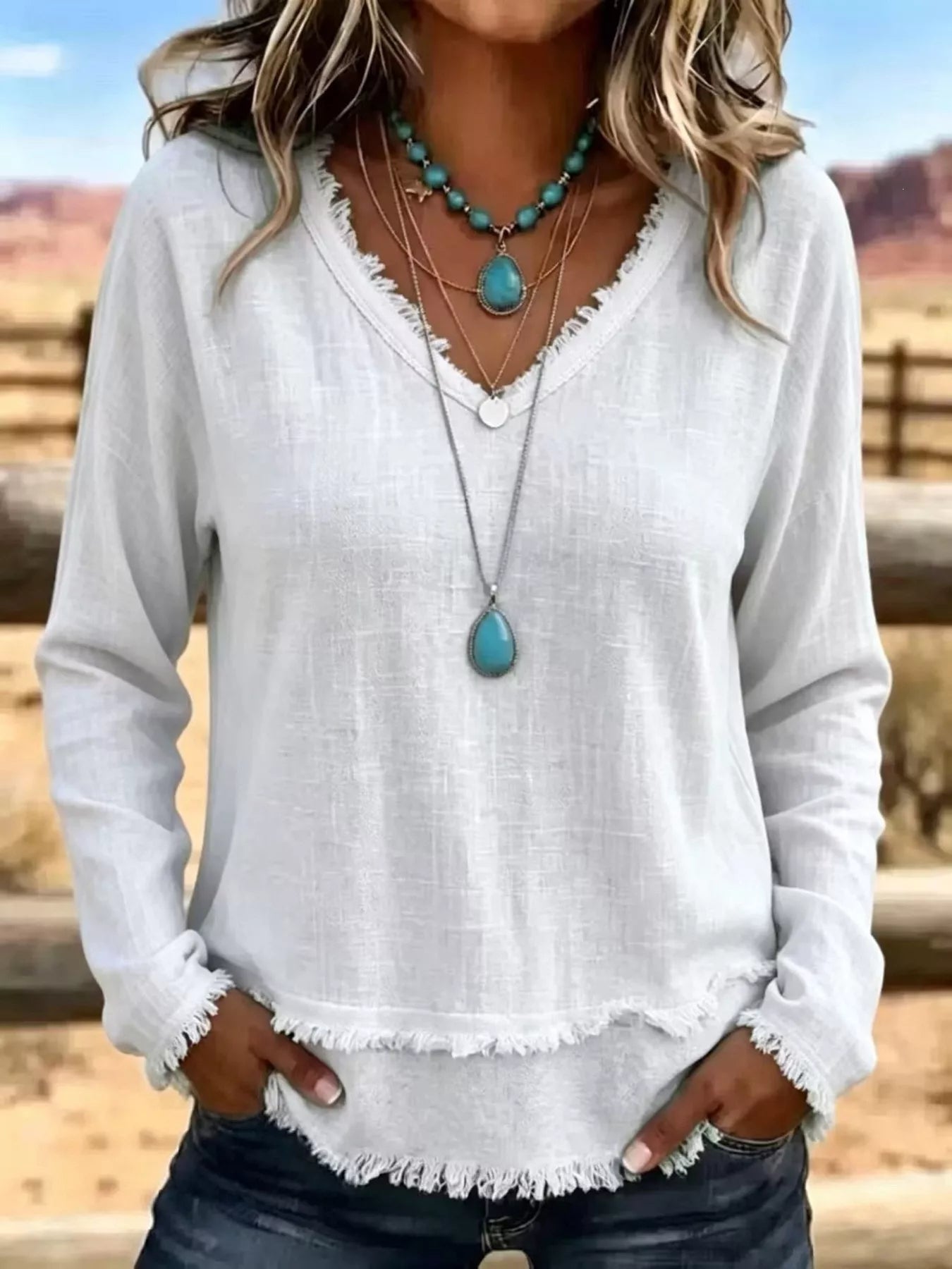 V-Neck Frayed Hem Long Sleeve T-Shirt