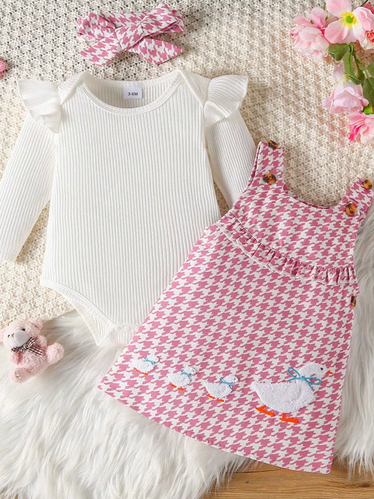 Children's Ruffled Trim Bodysuit and Dress Set with Headband
