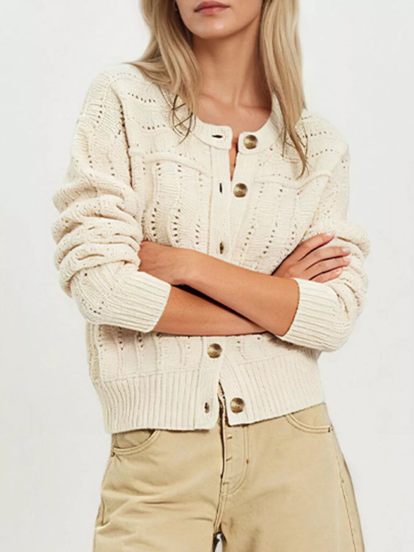 Openwork Button-Down Knit Cardigan
