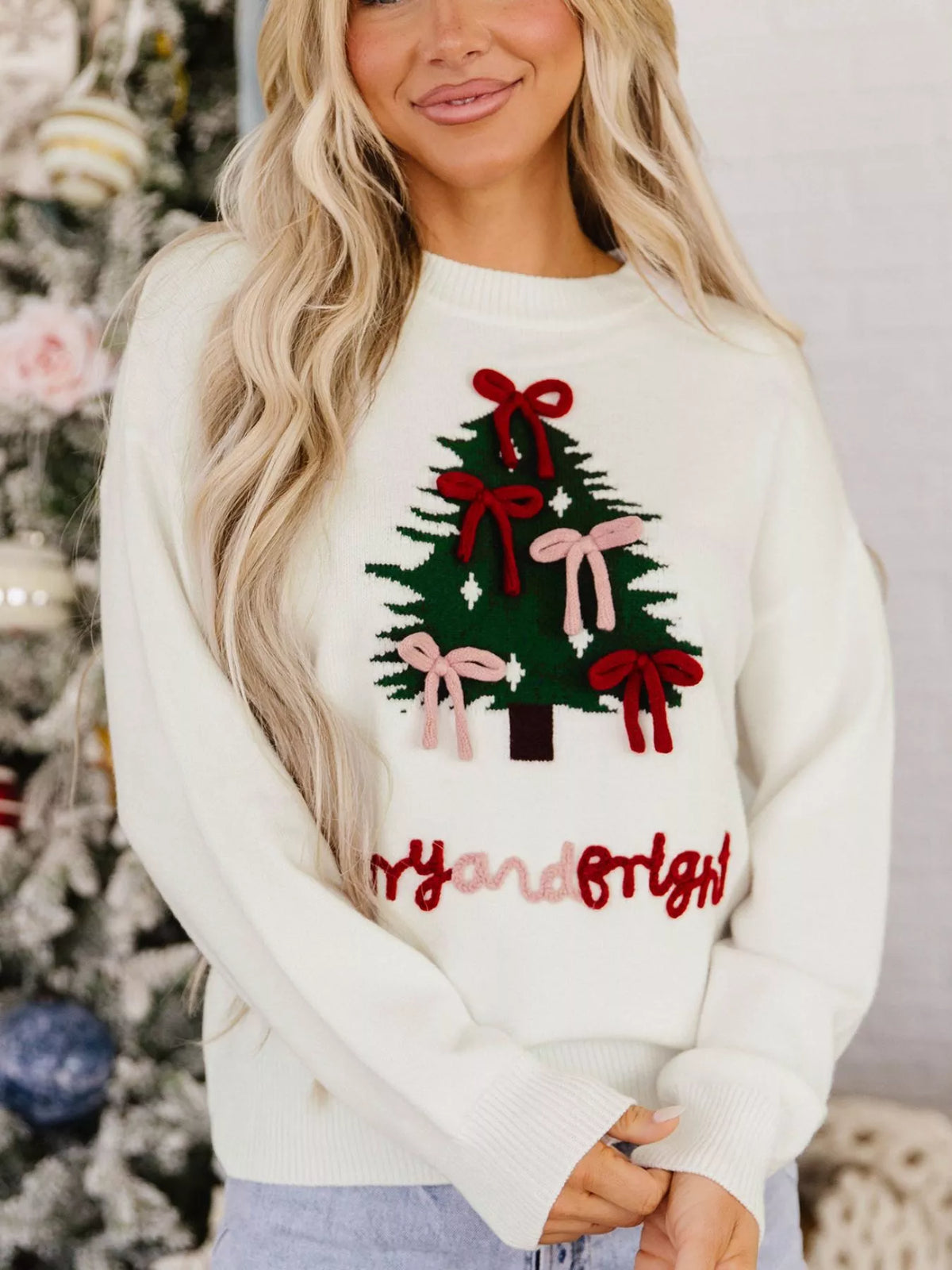 Christmas Tree Bow Drop Shoulder Knit Sweater