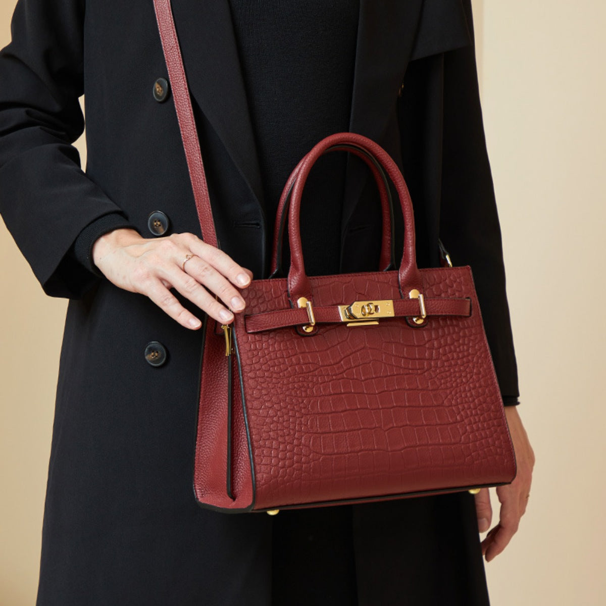 Crocodile-Embossed Leather Top Handle Handbag