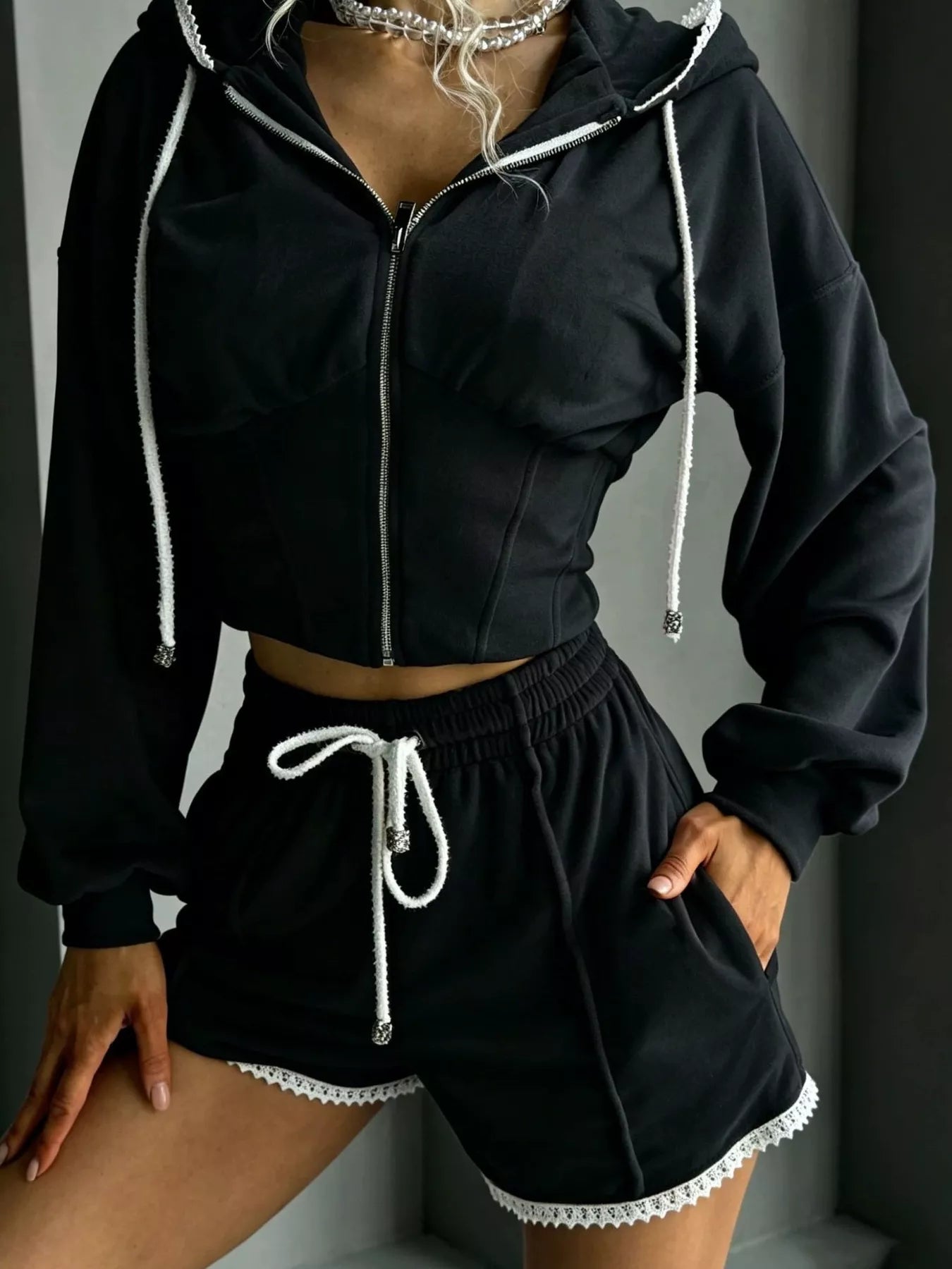 Drawstring Zip-Up Hoodie and Shorts Set