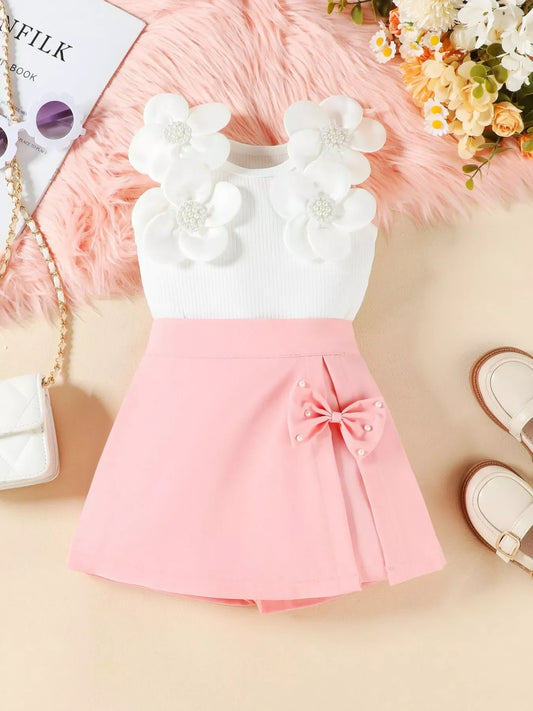 Children's Floral Applique Top & Bow Decor Skirt Set