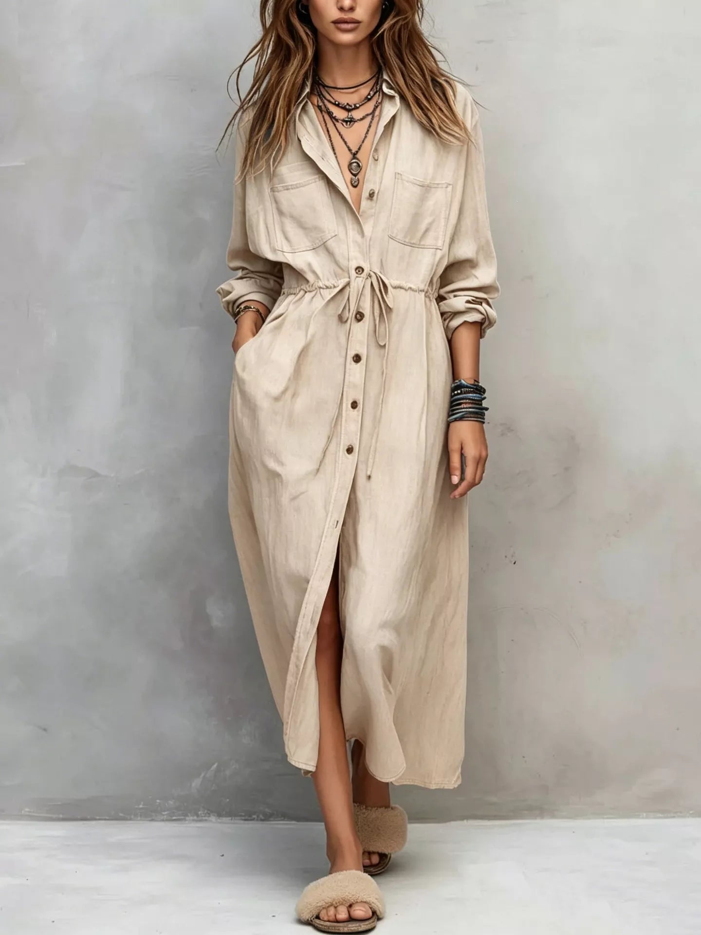 Full Size Button Front Long Sleeve Shirt Dress Plus Size
