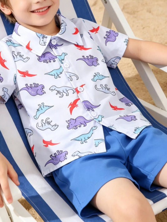 Children's Dinosaur Print Button-Up Shirt & Shorts Set