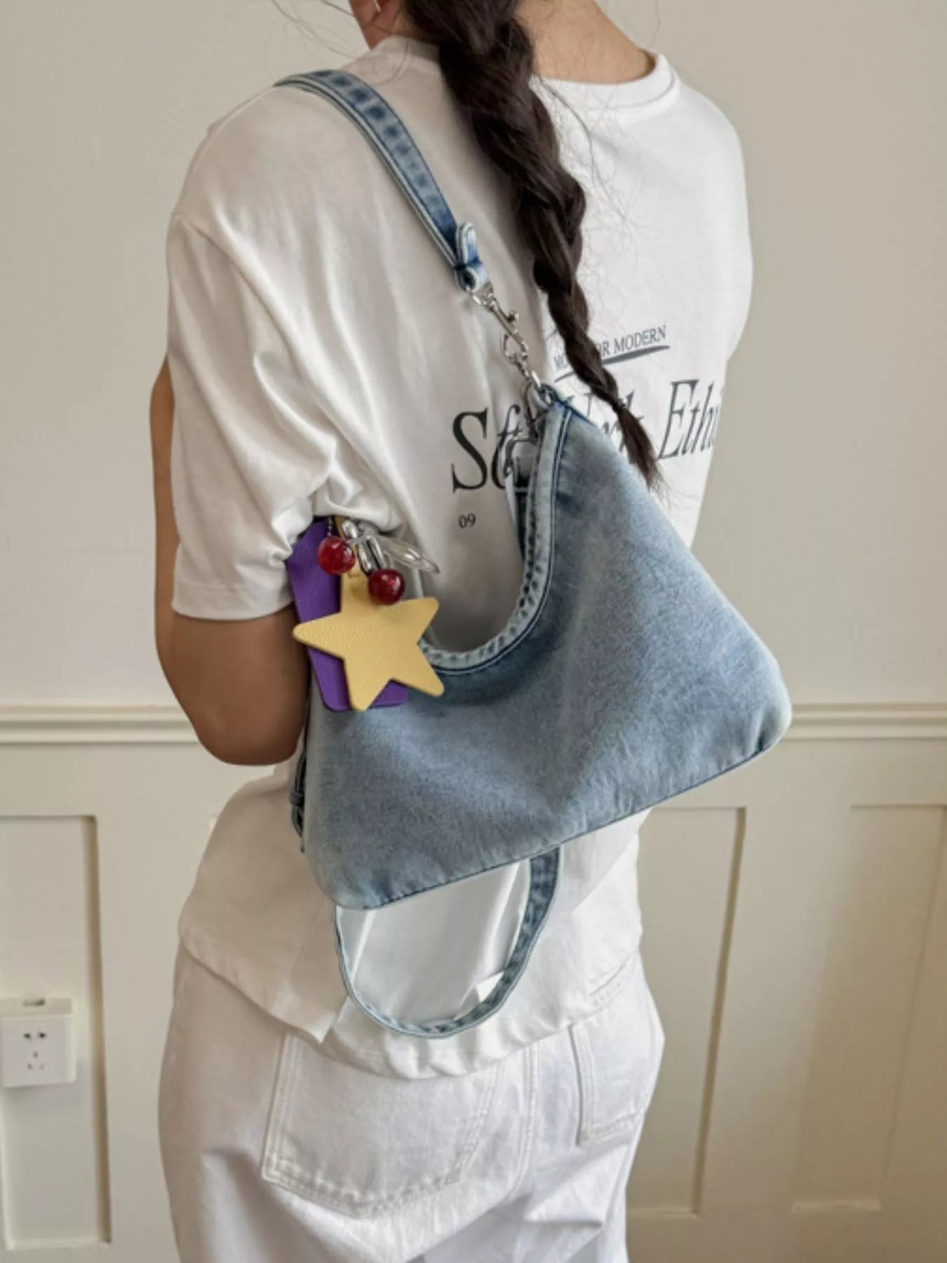 Star Charm Denim Shoulder Bag