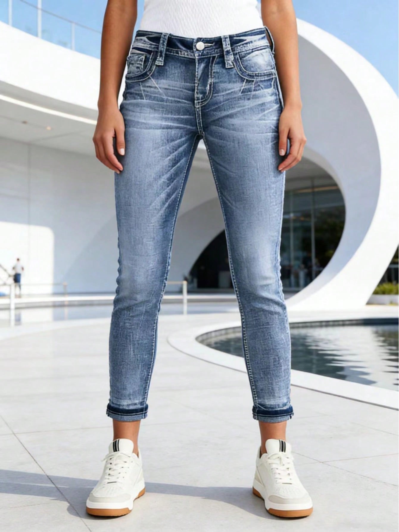 Washed Faded Cuffed Ankle Skinny Jeans