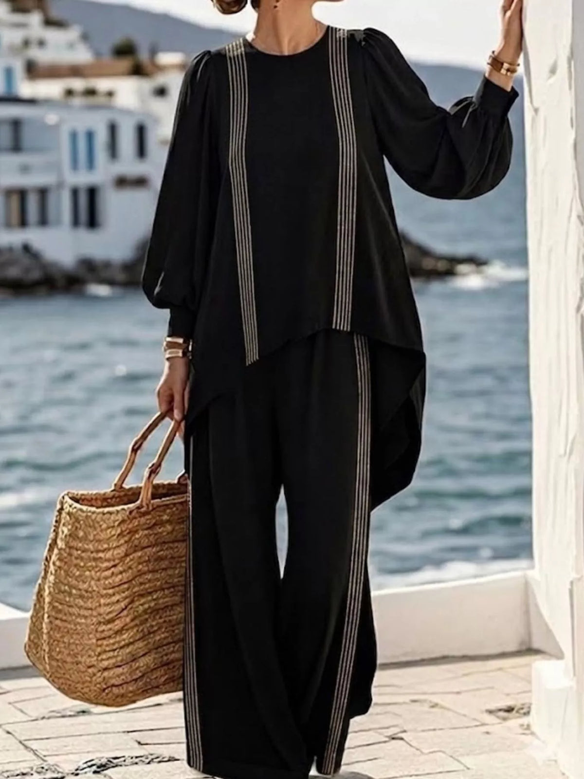 Full Size Striped Round Neck Top and Pants Set Plus Size
