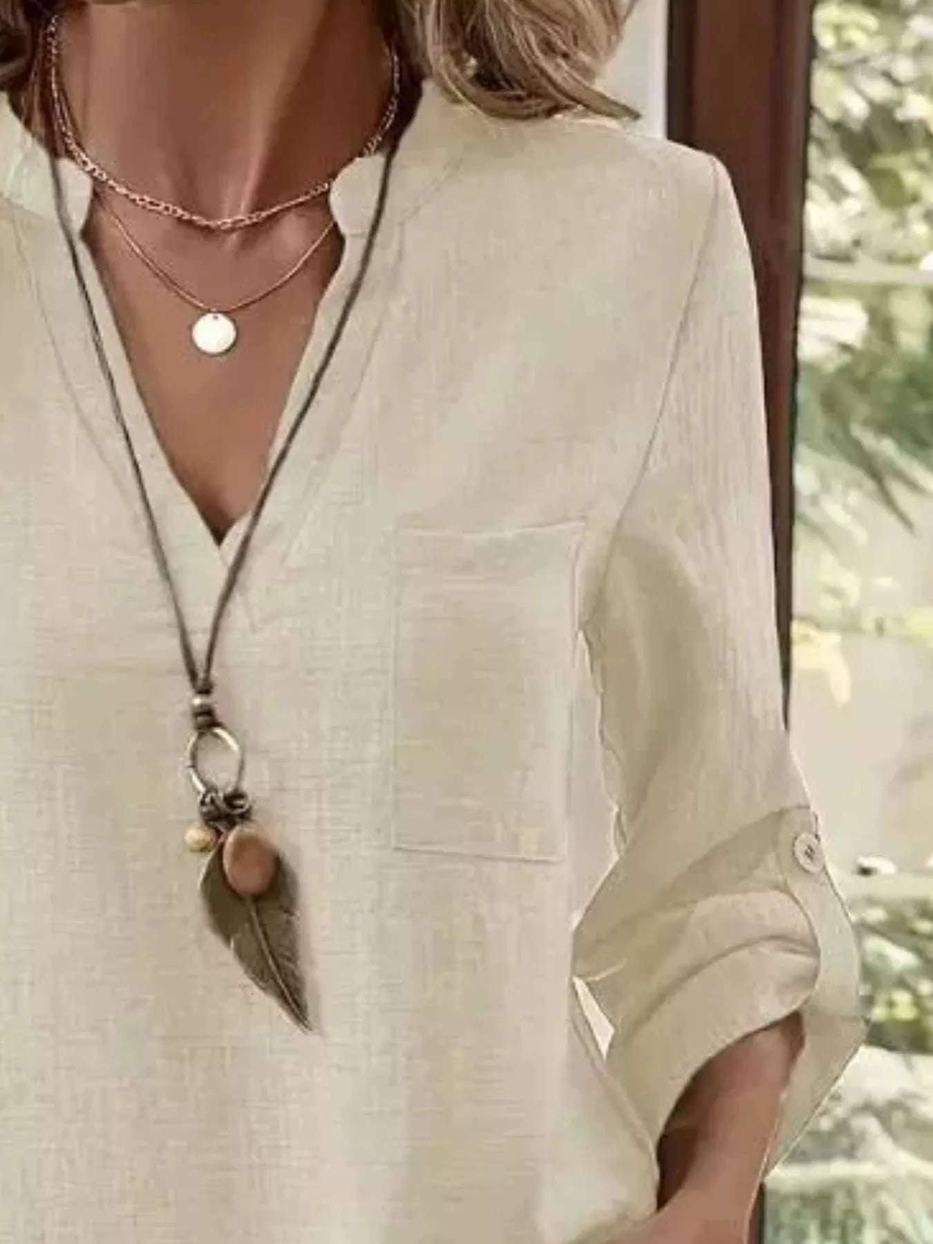 Casual V-Neck Roll-Sleeve T-Shirt with Pocket
