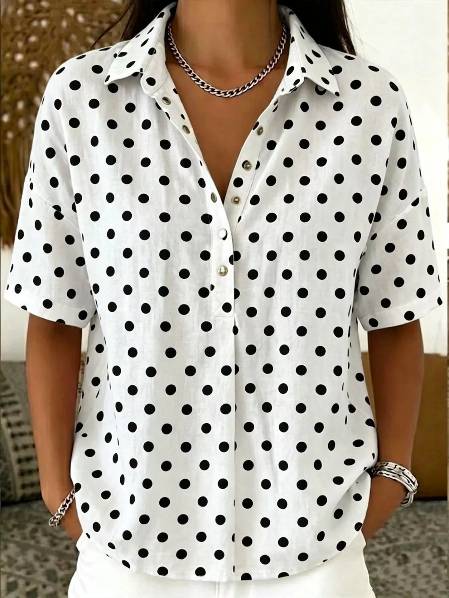 Full Size Polka Dot Short Sleeve Shirt Plus Size