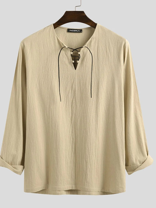 Men's Full Size Casual Lace-Up Long Sleeve Blouse Plus Size