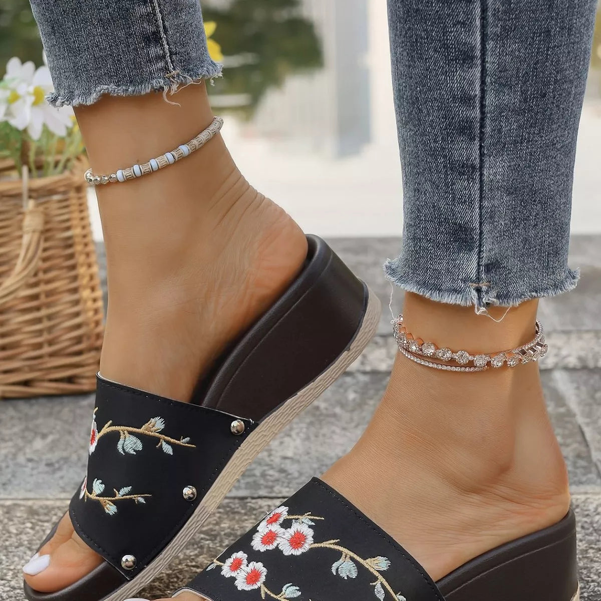 Floral Embroidered Wedge Sandals