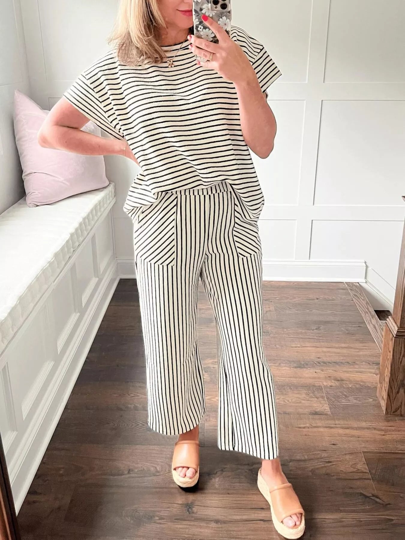 Casual Striped Short Sleeve Top and Wide Leg Pants Two-Piece Set