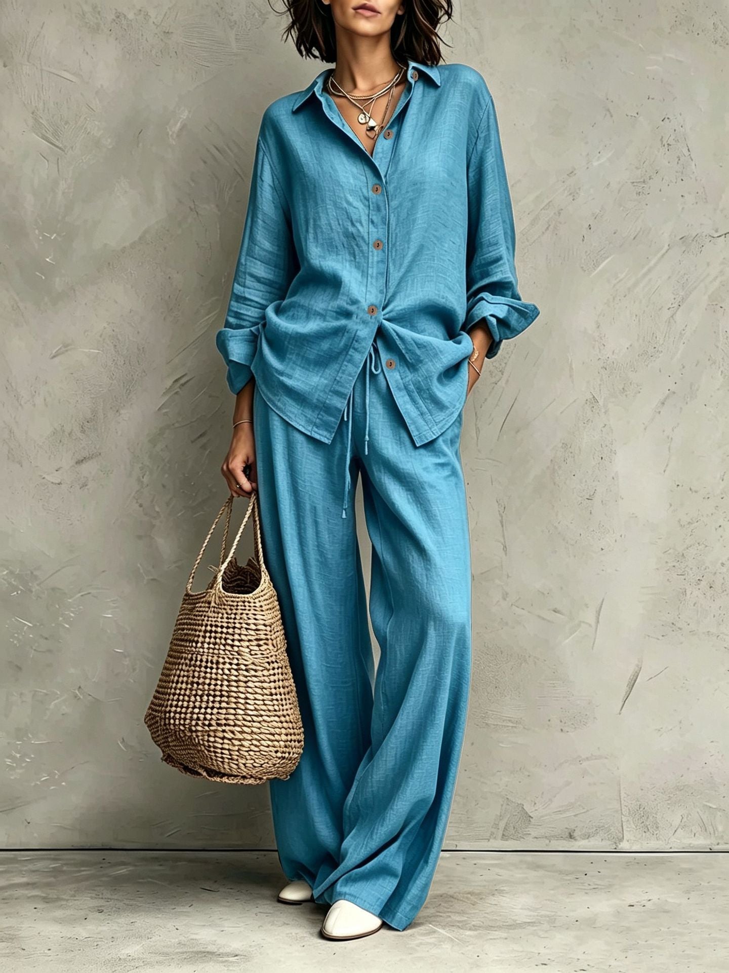 Women's Button-Down Shirt & Wide-Leg Pants Set