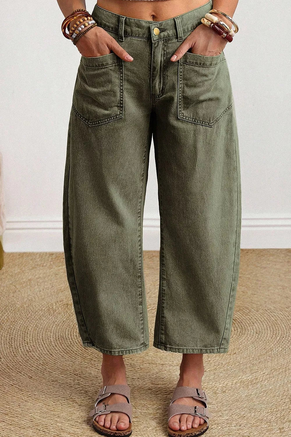 Four Leaf Clover Solid Color Square Patch Pocket Ankle-length Barrel Jeans