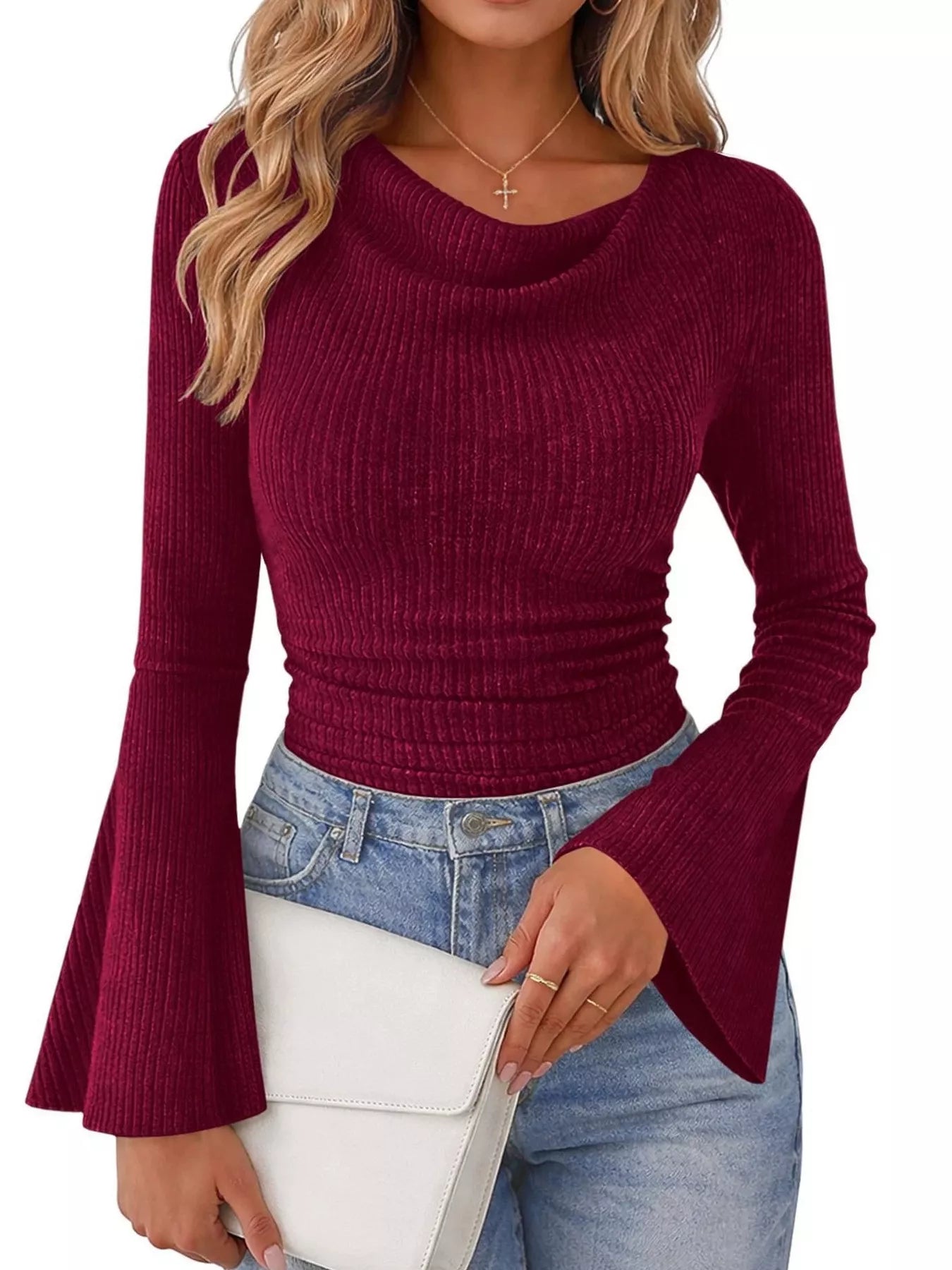 Ribbed Knit Cowl Neck Flared Sleeves Top