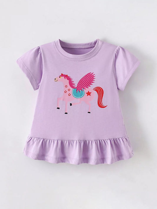 Children's Cute Cartoon Horse Graphic Top with Ruffle Hem