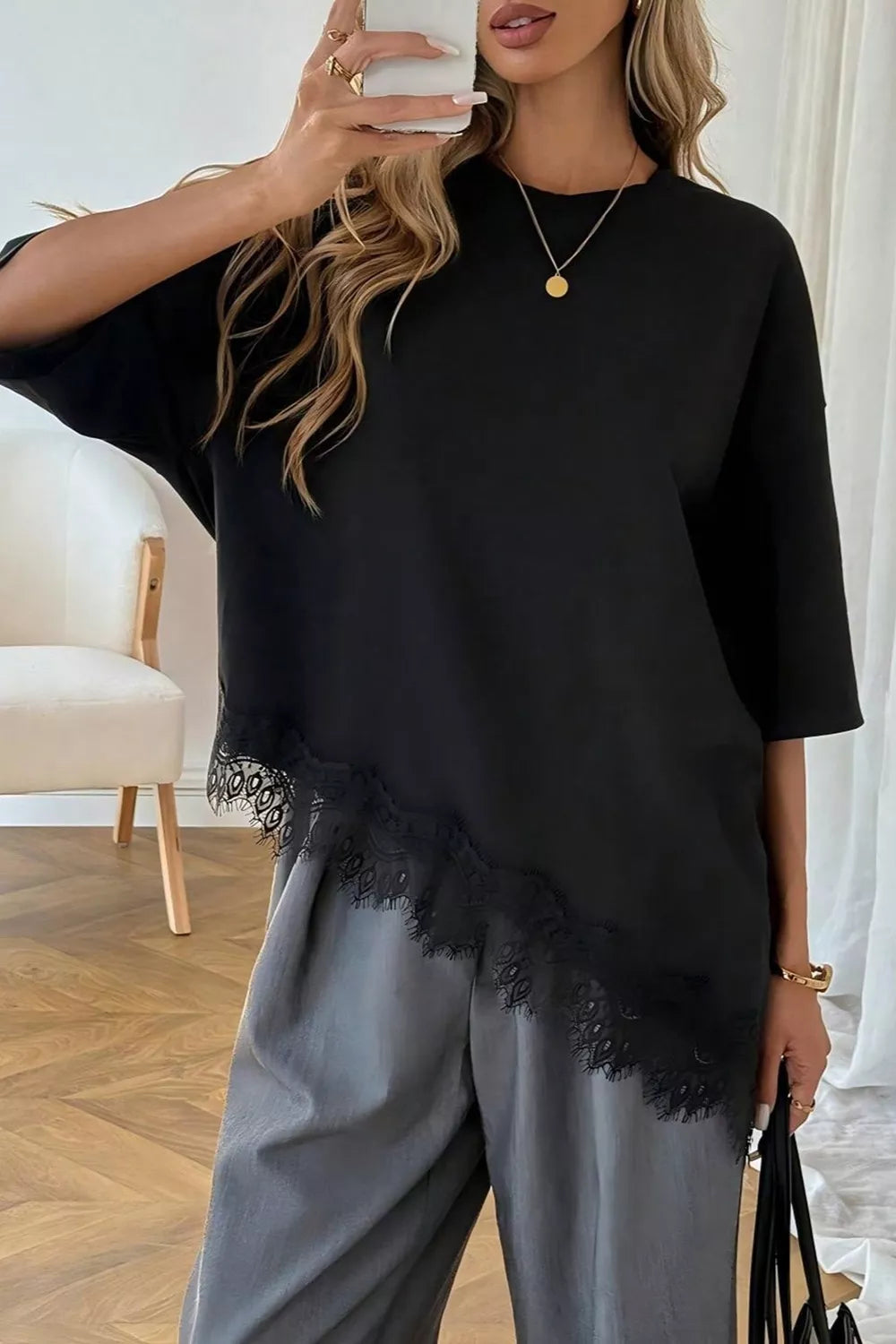 Lace Asymmetrical Hem Round Neck T-Shirt