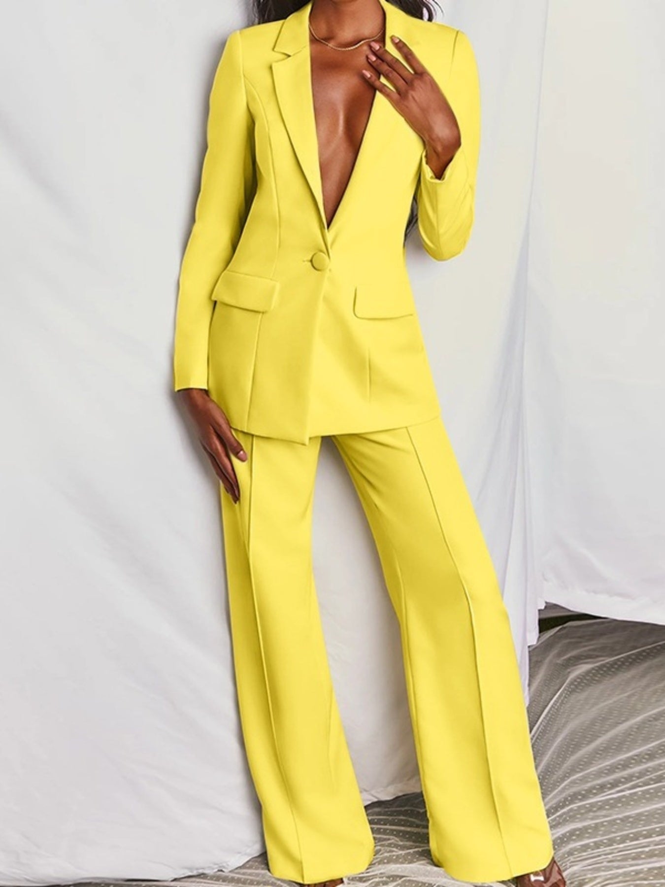 Full Size One Button Blazer and Wide-Leg Pants Set Plus Size
