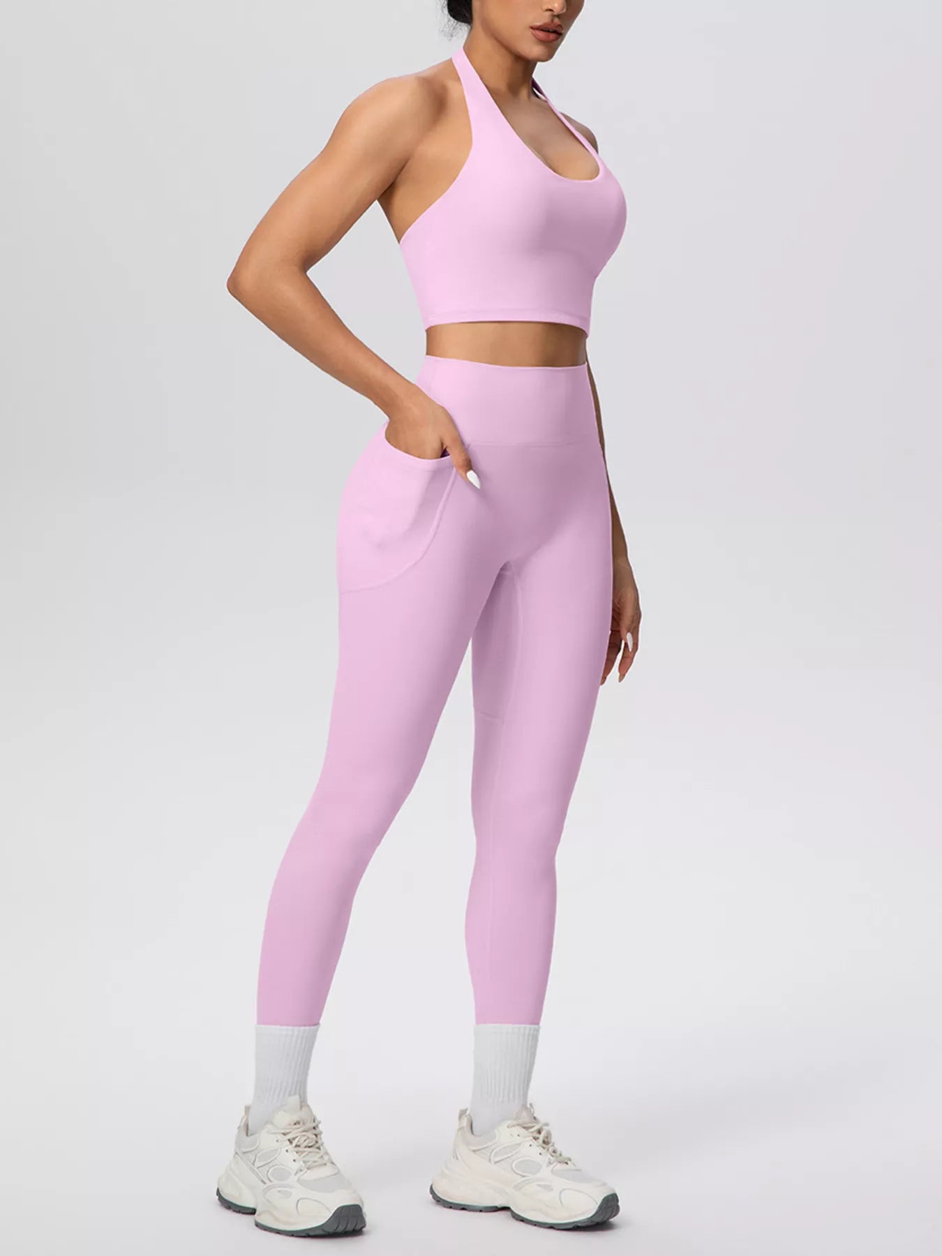 Halter Neck Crop Top and High-Waisted Leggings Active Set