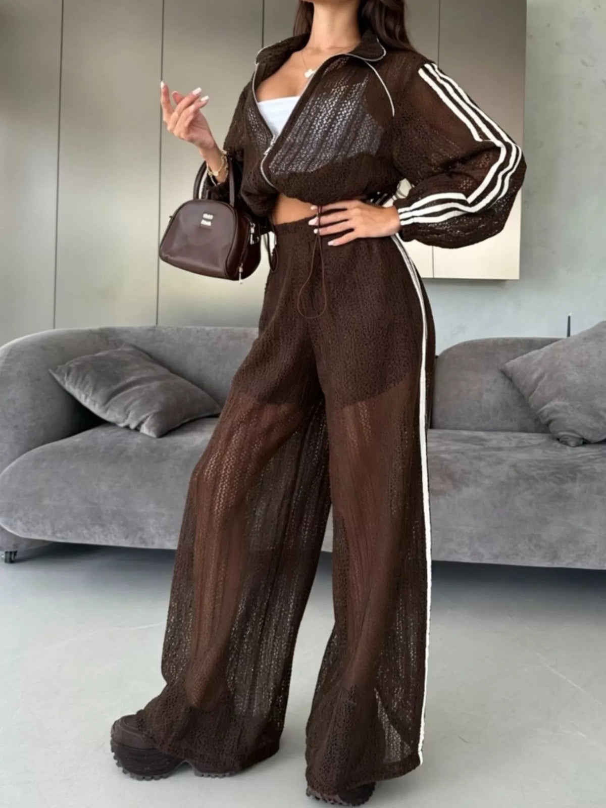 Side Stripes Zip Up Top and Pants Set