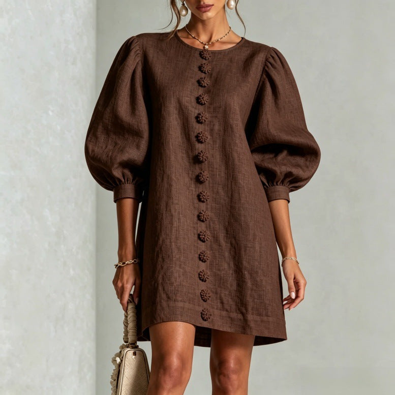 Puff Sleeve Mini Dress | Button-Front A-Line | Lantern Sleeve Resort Dress