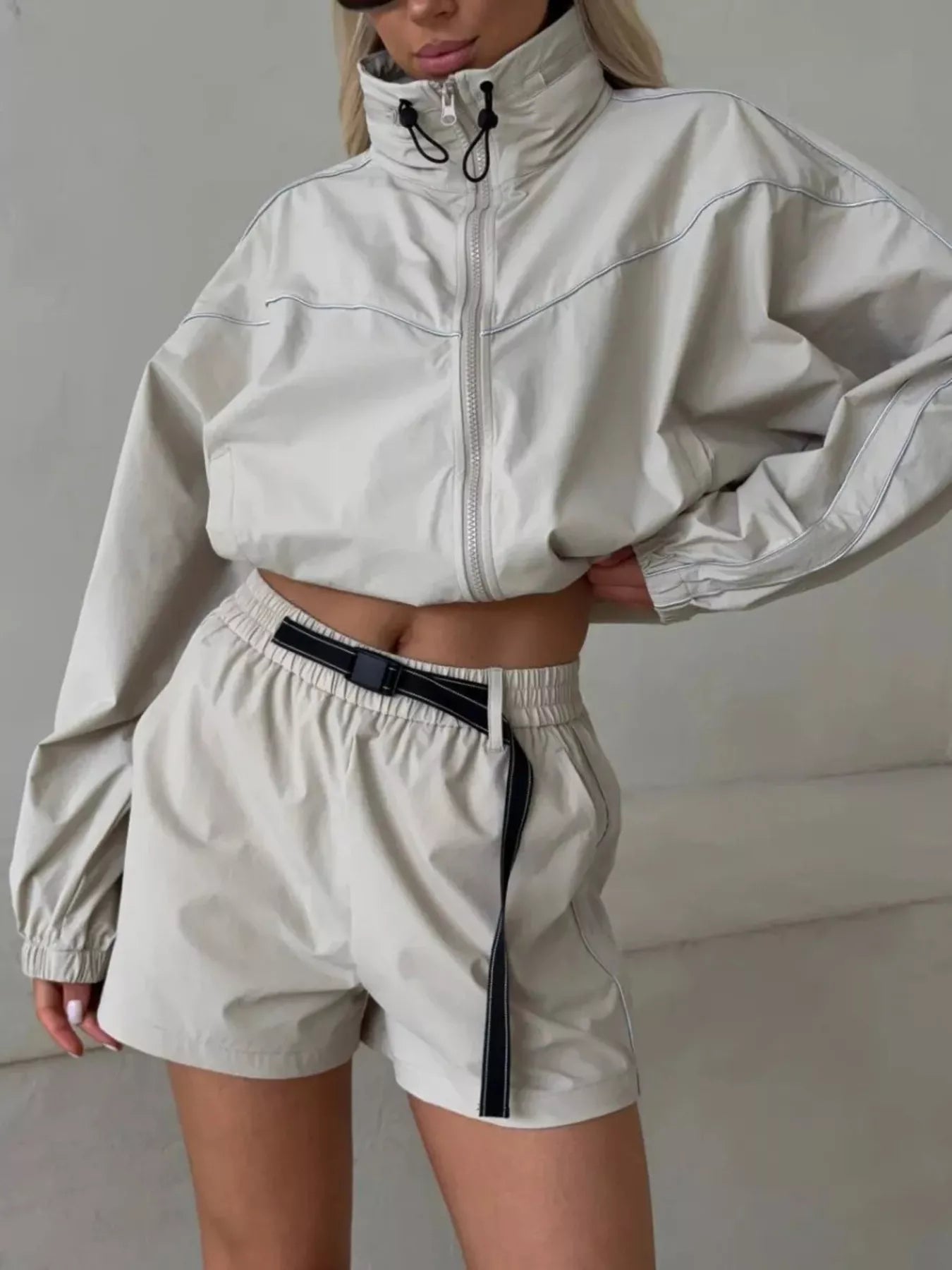 Drawstring Zip-Up Jacket and Shorts Set