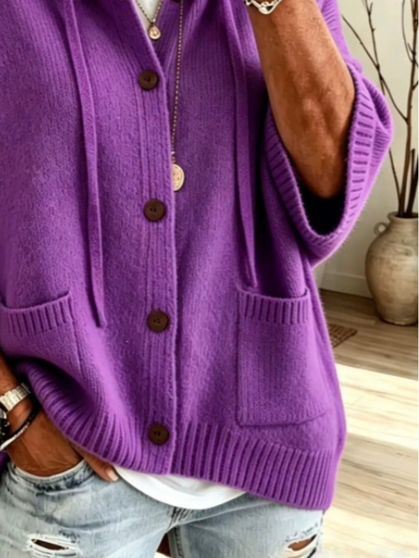 Hooded Button-Down Knit Cardigan