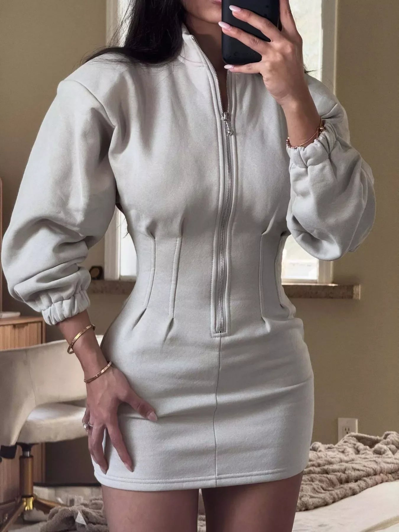 Casual Zip-Up Long Sleeve Mini Dress