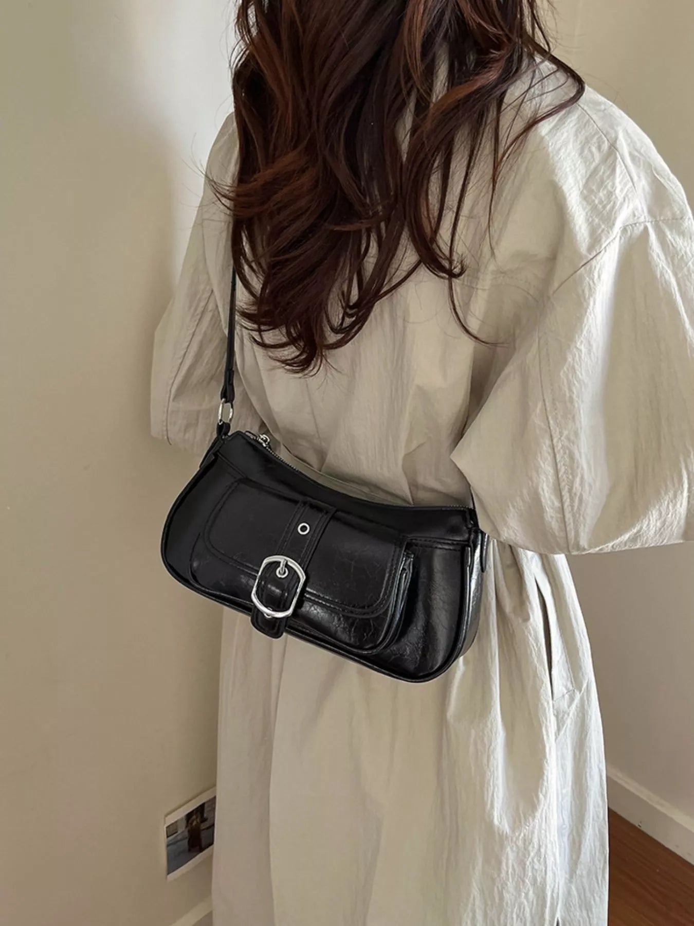 Buckle Detail Faux Leather Crossbody Bag
