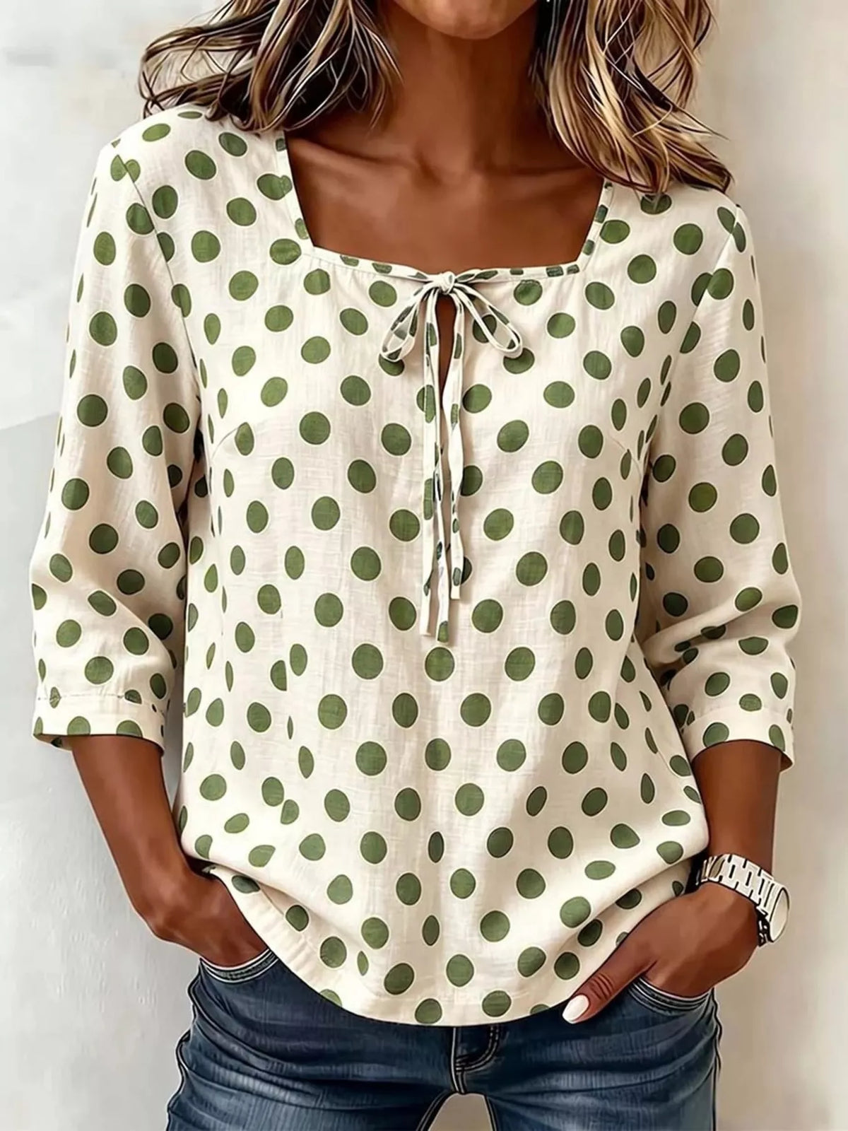 Full Size Square Neck Polka Dot Blouse Plus Size