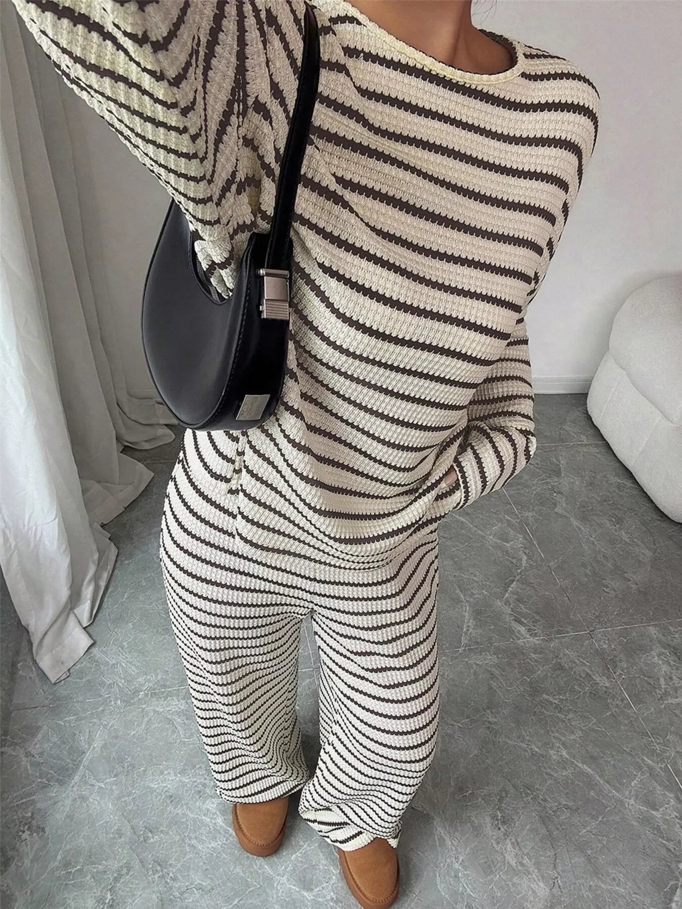 Striped Knit Dropped Shoulder Top and Pants Set