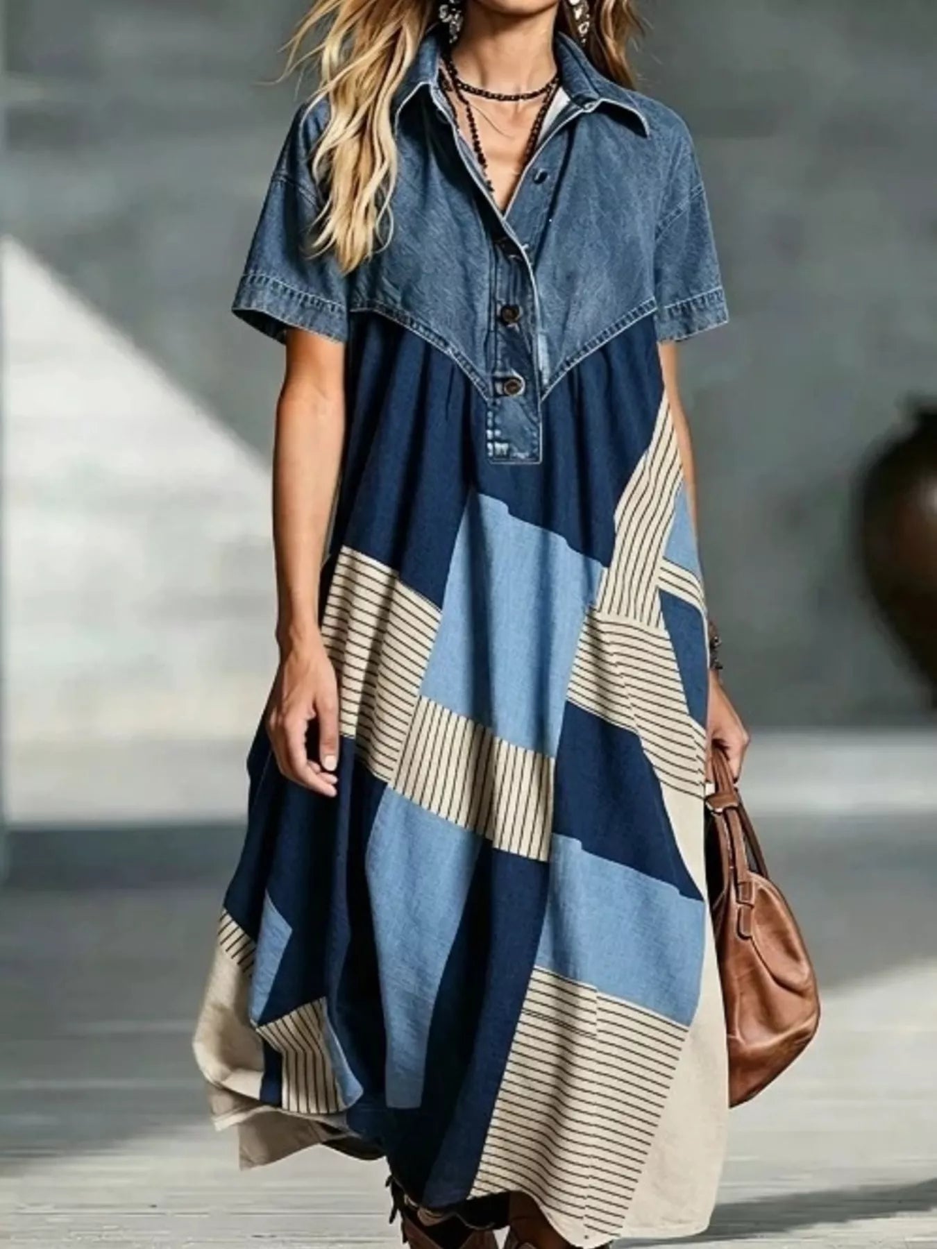Full Size Denim Patchwork Printed Shirt Dress Plus Size