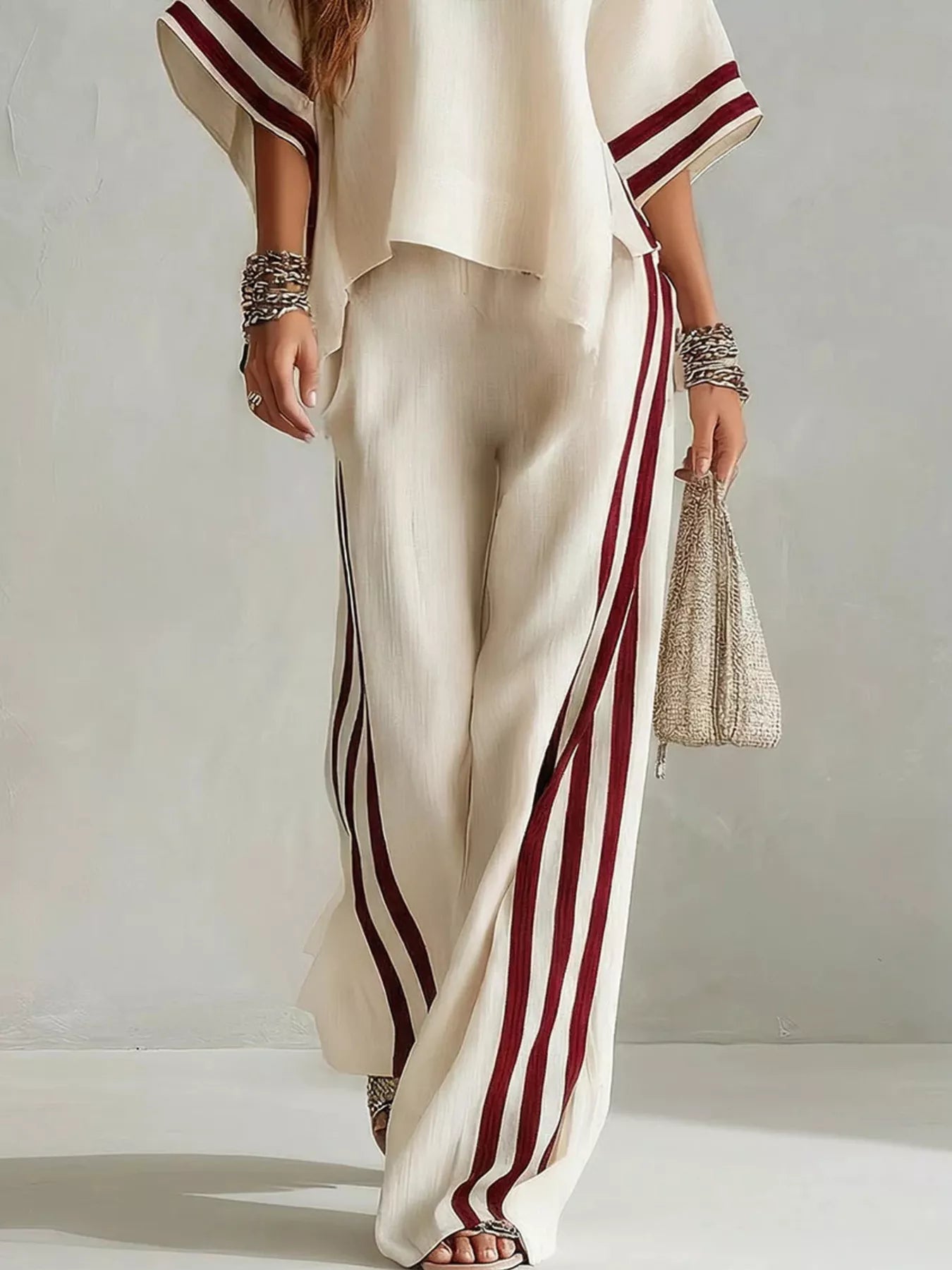 Full Size Striped 3/4 Sleeve Top and Pants Set Plus Size