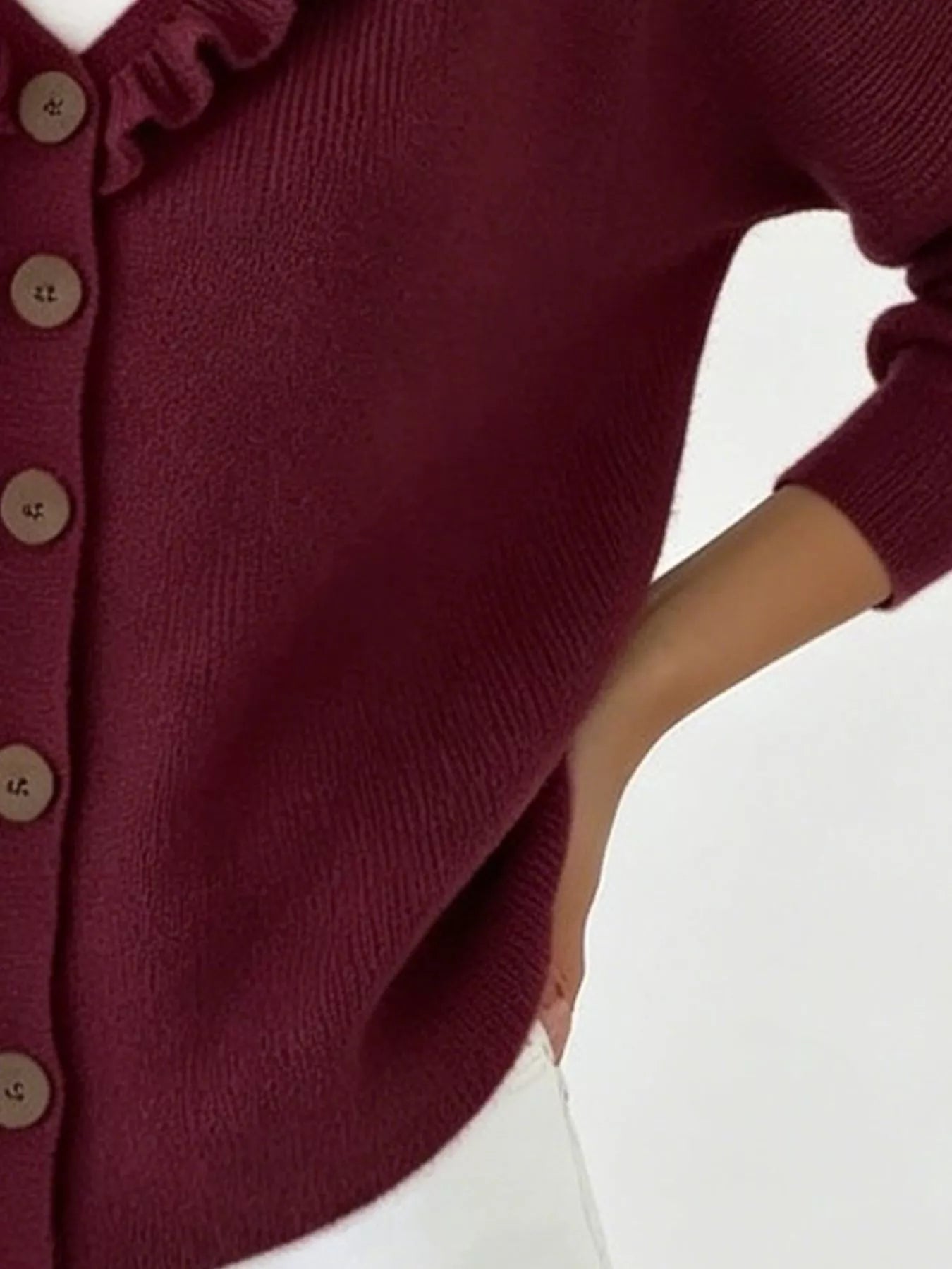 Ruffled Neckline Button-Up Cardigan