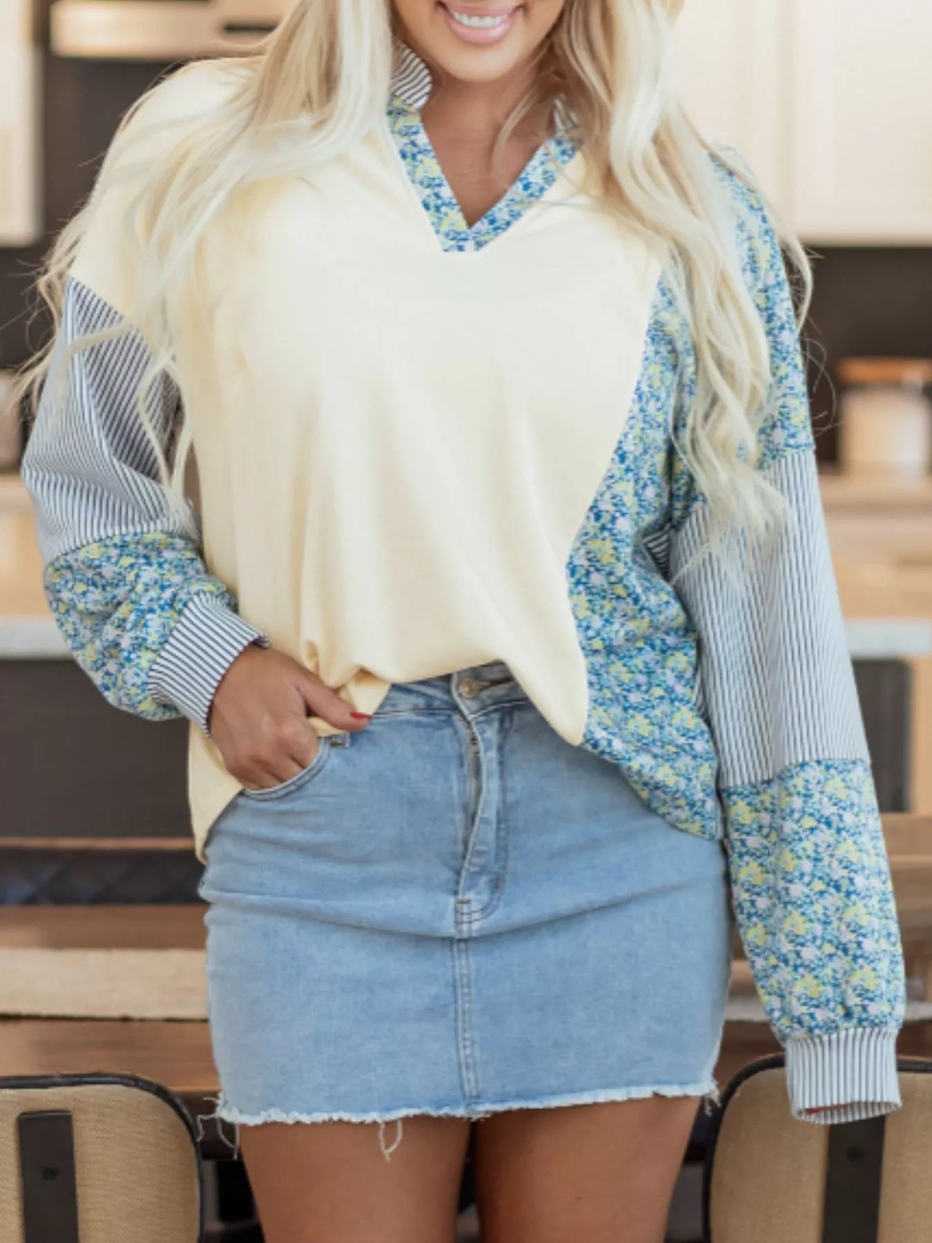 Floral Striped Drop Sleeve Collared Boxy Fit Sweatshirt